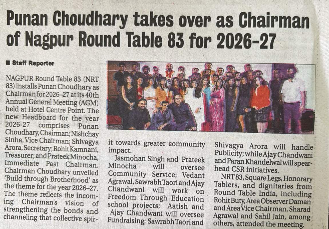 The Hitavada clipping: Punan Choudhary takes over as Chairman of Nagpur Round Table 83 for 2026-27