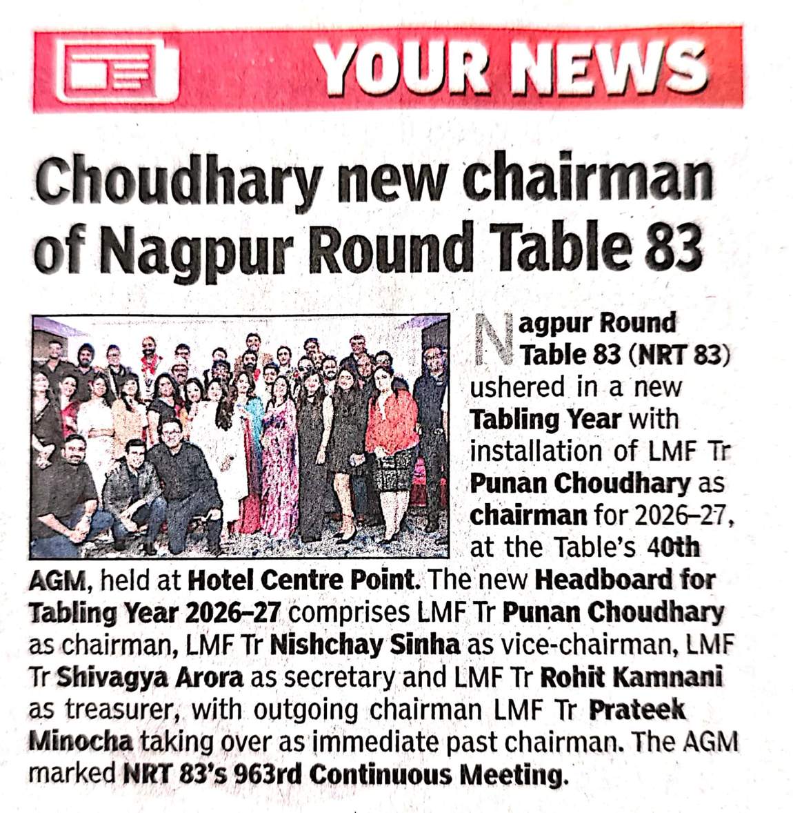 Your News clipping: Choudhary new chairman of Nagpur Round Table 83