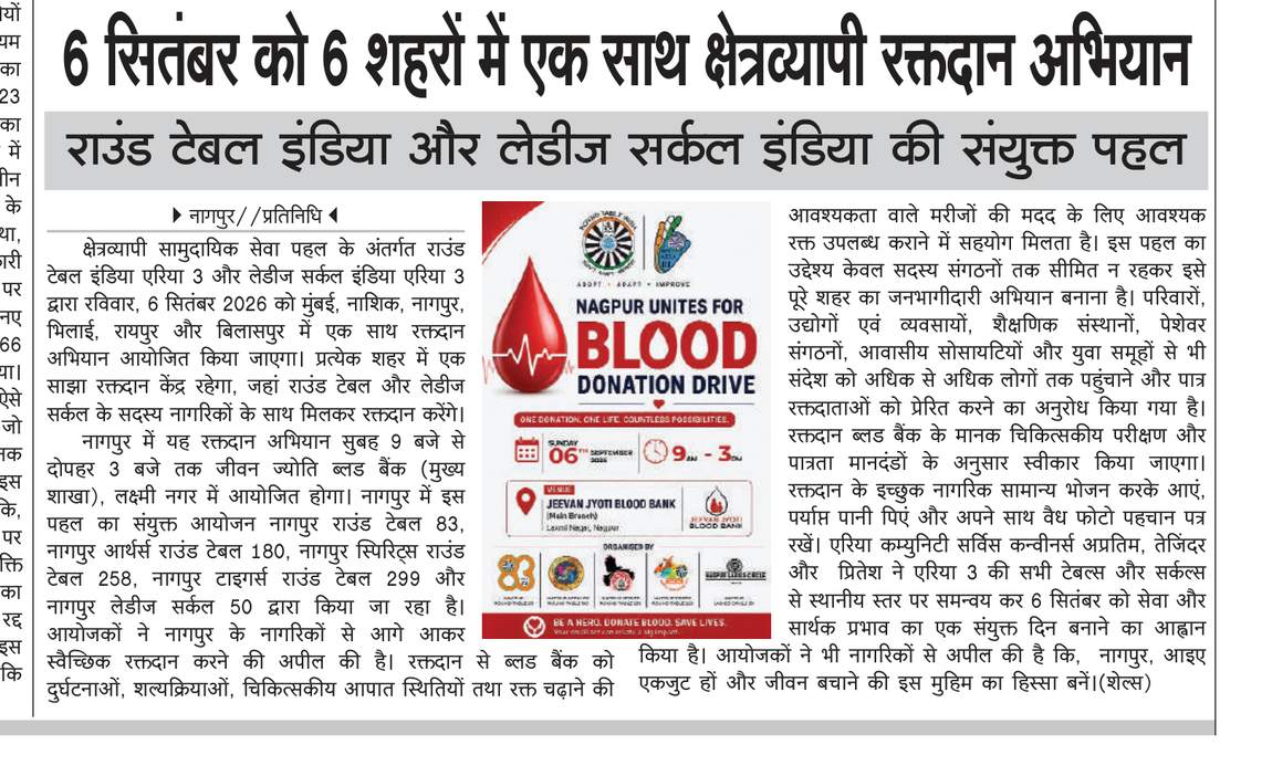 Vigyapan Ki Duniya, 29 August 2026 — six-city blood donation drive on 6 September, a joint Round Table India and Ladies Circle India initiative