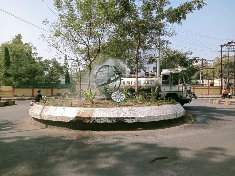 RTI Square at Mount Road, Sadar, the planted traffic island with its armillary sphere